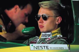 Mika Hakkinen in the Lotus 107 cockpit (1992)