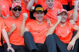 Lewis Hamilton, Martin Whitmarsh and Jenson Button celebrating succes