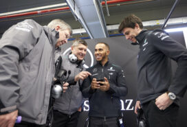Lewis Hamilton with Mercedes Bosses, Ross Brawn, Nick Fry & Toto Wolff