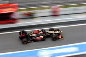 Romain Grosjean testing the Lotus E21 at Barcelona
