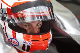 Jenson Button in the garage at the Bahrain International Circuit, 2015.