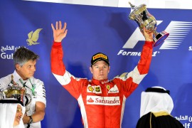 Kimi Raikkonen of Ferrari celebrates coming second in the Bahrain Grand Prix, 2015.