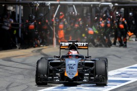 ON REFLECTION- Austria 5 Nico Hulkenberg (GER) Sahara Force India F1 VJM08 makes a pit stop. Spanish Grand Prix, Sunday 10th May 2015. Barcelona, Spain.