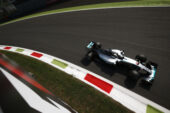 Lewis Hamilton driving his Mercedes W06 in Parabolica corner at Monza