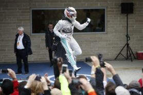 Lewis Hamilton jumps of his W06 Mercedes