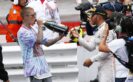 Lewis Hamilton shares his Champagne with Justin Bieber at the podium