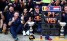 Max Verstappen celebrates his first F1 win with Daniel Ricciardo of Australia and Red Bull Racing Team