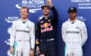 Top three qualifiers, Daniel Ricciardo, Nico Rosberg and Lewis Hamilton