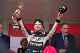 Sergio Perez celebrates his third position on the Monaco podium