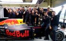 Max Verstappen of Netherlands and Red Bull Racing celebrates his second position finish with his team during the Formula One Grand Prix of Great Britain