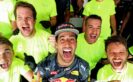 SPA, BELGIUM F1/2016: Daniel Ricciardo of Red Bull Racing celebrates finishing in second position with his team.