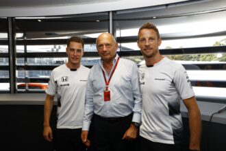 Ron Dennis, Executive Chairman, McLaren Automotive, with Stoffel Vandoorne, Test and Reserve Driver. and Jenson Button at the announcement that Jenson will step down from a race seat in 2017. Stoffel Vandoorne will step up into a race seat.