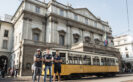 Daniel Ricciardo, Carlos Sainz and Daniil Kvjat pose in front of La Scala theater, Milano, Italy