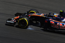 Carlos Sainz driving the (55) Scuderia Toro Rosso STR11 Ferrari 060/5 turbo locks a wheel under braking on track during practice for the 2016 Malaysia Formula One Grand Prix at Sepang Circuit