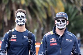 Daniel Ricciardo and Max Verstappen at the circuit in full Dia de Muertos face paint during previews to the Formula One Grand Prix of Mexico 2016