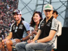 Sergio Perez and team mate Nico Hulkenberg at the fans' stage. Japanese Grand Prix, 2016