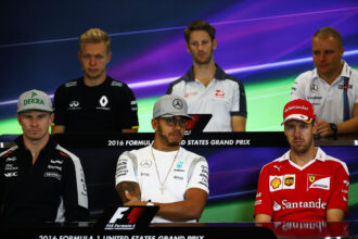 A conferência de imprensa da FIA: Kevin Magnussen; Romain Grosjean; Valtteri Bottas; Nico Hulkenberg; Lewis hamilton; Sebastian Vettel. Grande Prémio dos Estados Unidos 2016.
