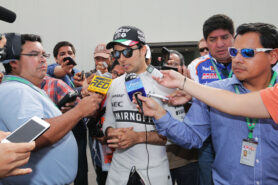 Sergio Perez (MEX) Sahara Force India F1 with the media. Mexican Grand Prix 2016