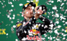 Max Verstappen finishing in third place on the podium during the Formula One Grand Prix of Brazil 2016