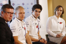 Williams F1 Factory, Grove, Oxfordshire. David Croft, Valtteri Bottas, Lance Stroll and Claire Williams.