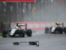 Nico Hulkenberg and Sergio Perez pass debris from the Sauber C35 of Marcus Ericsson (SWE) Sauber F1 Team. Brazilian Grand Prix 2016