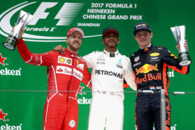 2017 Chinese GP podium: 1. L. Hamilton (Mercedes), 2. Sebastian Vettel (Ferrari), 3. Max Verstappen (Red Bull)