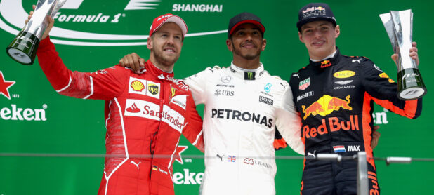 2017 Chinese GP podium: 1. L. Hamilton (Mercedes), 2. Sebastian Vettel (Ferrari), 3. Max Verstappen (Red Bull)