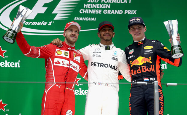 Race Results 2017 Chinese F1 Grand Prix 1 2017 Chinese GP podium: 1. L. Hamilton (Mercedes), 2. Sebastian Vettel (Ferrari), 3. Max Verstappen (Red Bull)