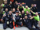 Max Verstappen celebrates finishing in third position with his team during the Formula One Grand Prix of China at Shanghai International Circuit on April 9, 2017 in Shanghai, China.