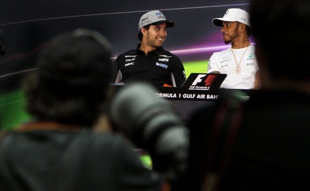 Press conference part 1 - 2017 Bahrain GP 1 (L to R): Sergio Perez (MEX) Sahara Force India F1 and Lewis Hamilton (GBR) Mercedes AMG F1 in the FIA Press Conference. Bahrain Grand Prix, Thursday 13th April 2017. Sakhir, Bahrain.