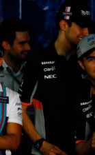 Felipe Massa (BRA) Williams with Esteban Ocon (FRA) Sahara Force India F1 Team and Sergio Perez (MEX) Sahara Force India F1 on the drivers parade. Bahrain Grand Prix, Sunday 17th April 2017. Sakhir, Bahrain.