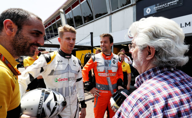 Abiteboul admits Palmer future not secure 1 Cyril Abiteboul (FRA) Renault Sport F1 Managing Director with Nico Hulkenberg (GER) Renault Sport F1 Team; Jolyon Palmer (GBR) Renault Sport F1 Team; and George Lucas (USA) Star Wars Creator. Monaco Grand Prix, Sunday 28th May 2017. Monte Carlo, Monaco.