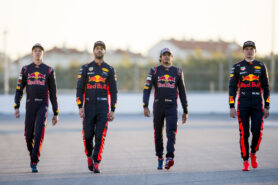 Daniel Ricciard - Max Verstappen of Red Bull Racing, Carlos Sainz - Daniil Kvyat of Scuderia Toro Rosso pose for a photo during previews to the Formula One Grand Prix of Russia on April 27, 2017 in Sochi, Russia.