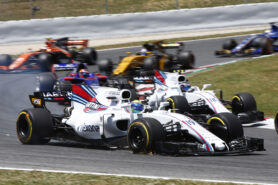Circuit de Catalunya, Barcelona, Spain. Sunday 14 May 2017. Felipe Massa, Williams FW40 Mercedes, leads Lance Stroll, Williams FW40 Mercedes.