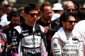 Esteban Ocon (FRA) Sahara Force India F1 Team and Sergio Perez (MEX) Sahara Force India F1, as the grid observes the national anthem. Spanish Grand Prix, Sunday 14th May 2017. Barcelona, Spain.