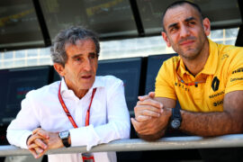 Alain Prost (FRA) Renault Sport F1 Team Special Advisor with Cyril Abiteboul (FRA) Renault Sport F1 Managing Director. Azerbaijan Grand Prix, Saturday 24th June 2017. Baku City Circuit, Azerbaijan.