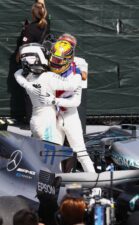 Lewis Hamilton & Valtteri Bottas congratulate each other after their 1-2 finish at the 2017 Canadian GP
