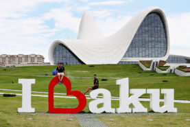 Daniel Ricciardo and Max Verstappen of Red Bull Racing pose for a photo at the Heydar Aliyev Centre during previews ahead of the European Formula One Grand Prix at Baku City Circuit on June 22, 2017 in Baku, Azerbaijan.