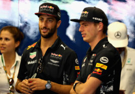 Daniel Ricciardo of Australia and Red Bull Racing and Max Verstappen of Netherlands and Red Bull Racing on the drivers parade before the Azerbaijan Formula One Grand Prix at Baku City Circuit on June 25, 2017 in Baku, Azerbaijan.
