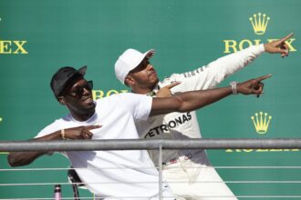 Formule 1 - Mercedes-AMG Petronas Motorsport, Verenigde Staten GP 2017. Lewis Hamilton en Usain Bolt