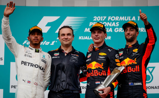 Race Results 2017 Malaysian F1 Grand Prix 1 Max verstappen, Lewis Hamilton & Daniel Ricciardo Malaysian GP F1/2017