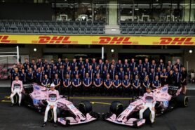 (L to R): Alfonso Celis Jr (MEX) Sahara Force India F1 Development Driver; Esteban Ocon (FRA) Sahara Force India F1 VJM10; and Sergio Perez (MEX) Sahara Force India F1; at a team photograph. Mexican Grand Prix, Saturday 28th October 2017. Mexico City, Mexico.
