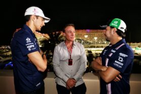 (L to R): Esteban Ocon (FRA) Sahara Force India F1 Team with Bertrand Gachot (BEL) Hype Energy CEO and Sergio Perez (MEX) Sahara Force India F1, at a Hype Energy Drink event. Abu Dhabi Grand Prix, Thursday 23rd November 2017. Yas Marina Circuit, Abu Dhabi, UAE.