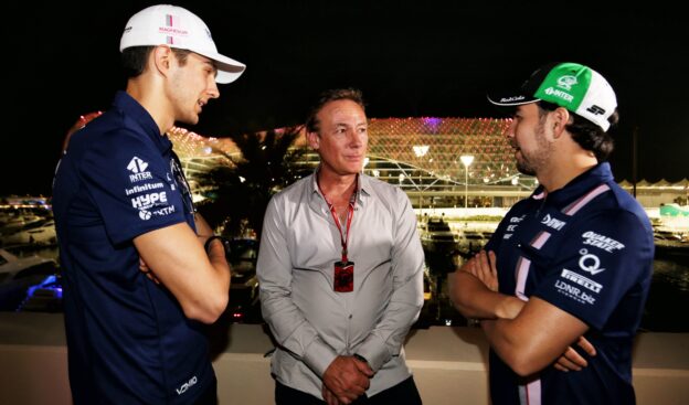 Bertrand Gachot 2021 Beyond the Grid interview 1 (L to R): Esteban Ocon (FRA) Sahara Force India F1 Team with Bertrand Gachot (BEL) Hype Energy CEO and Sergio Perez (MEX) Sahara Force India F1, at a Hype Energy Drink event. Abu Dhabi Grand Prix, Thursday 23rd November 2017. Yas Marina Circuit, Abu Dhabi, UAE.