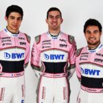 (L to R): Esteban Ocon (FRA) Sahara Force India F1 Team with Nicholas Latifi (CDN) Sahara Force India F1 Team Development Driver and Sergio Perez (MEX) Sahara Force India F1. Sahara Force India F1 Team Studio Shoot, Friday 16th February 2018. Silverstone, England.