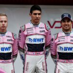 (L to R): Nikita Mazepin (RUS) Sahara Force India F1 Team with Esteban Ocon (FRA) Sahara Force India F1 Team and Sergio Perez (MEX) Sahara Force India F1. Formula One Testing, Day 1, Monday 26th February 2018. Barcelona, Spain.