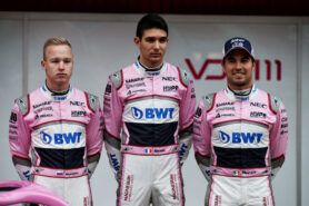 (L to R): Nikita Mazepin (RUS) Sahara Force India F1 Team with Esteban Ocon (FRA) Sahara Force India F1 Team and Sergio Perez (MEX) Sahara Force India F1. Formula One Testing, Day 1, Monday 26th February 2018. Barcelona, Spain.