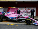 The Sahara Force India F1 VJM11 with Andrew Green (GBR) Sahara Force India F1 Team Technical Director; Nikita Mazepin (RUS) Sahara Force India F1 Team; Esteban Ocon (FRA) Sahara Force India F1 Team; Sergio Perez (MEX) Sahara Force India F1; Otmar Szafnauer (USA) Sahara Force India F1 Chief Operating Officer. Formula One Testing, Day 1, Monday 26th February 2018. Barcelona, Spain.