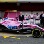 The Sahara Force India F1 VJM11 with Andrew Green (GBR) Sahara Force India F1 Team Technical Director; Nikita Mazepin (RUS) Sahara Force India F1 Team; Esteban Ocon (FRA) Sahara Force India F1 Team; Sergio Perez (MEX) Sahara Force India F1; Otmar Szafnauer (USA) Sahara Force India F1 Chief Operating Officer. Formula One Testing, Day 1, Monday 26th February 2018. Barcelona, Spain.