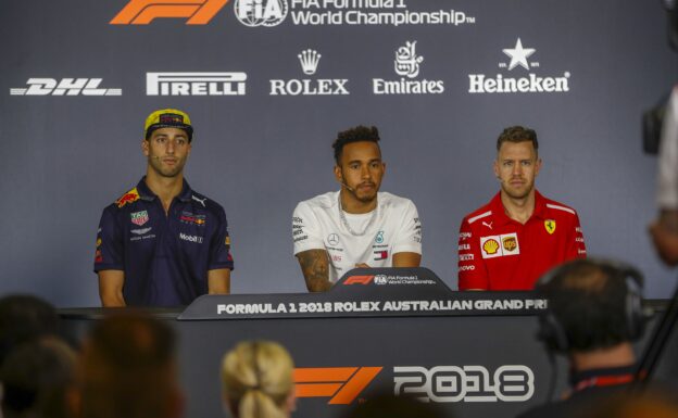 Thursday Press Conference 2018 Australian Grand Prix 1 Daniel Ricciardo, Red Bull Racing, Lewis Hamilton, Mercedes AMG F1, and Sebastian Vettel, Ferrari, in the Thursday drivers Press Conference during the Australian GP at Melbourne